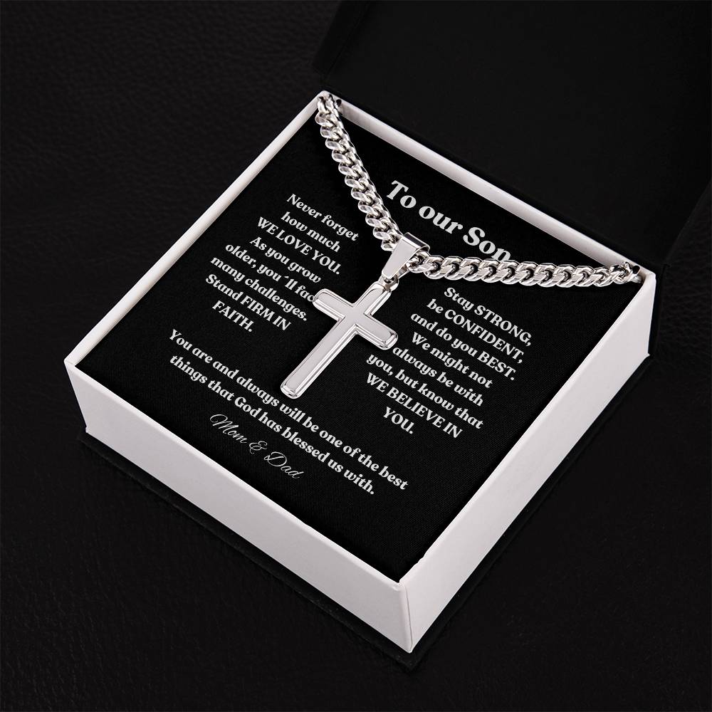 Personalized Steel Cross Necklace on Cuban Chain |  To my Son