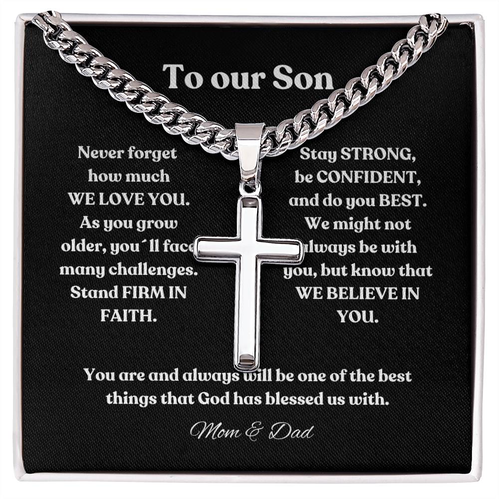 Personalized Steel Cross Necklace on Cuban Chain |  To my Son