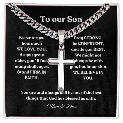 Personalized Steel Cross Necklace on Cuban Chain |  To my Son
